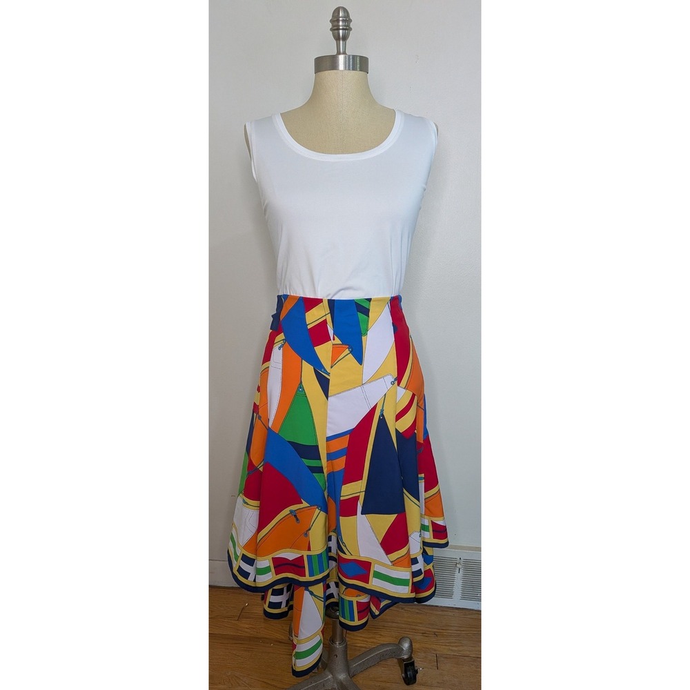 Lauren Ralph Lauren Abstract Geo Midi Skirt Hanky Hem Resort Coastal Size 6 - Picture 2 of 5